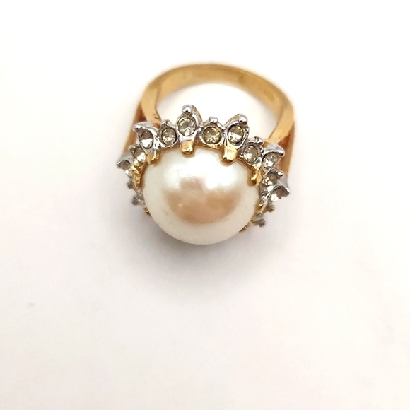 Vintage 18k Gold Electroplated Pearl & Diamond Ring Size 6 - Picture 1 of 13